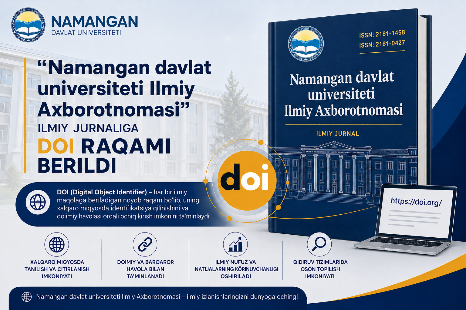 “Namangan davlat universiteti Ilmiy Axborotnomasi” ilmiy jurnaliga doimiy DOI raqami berildi