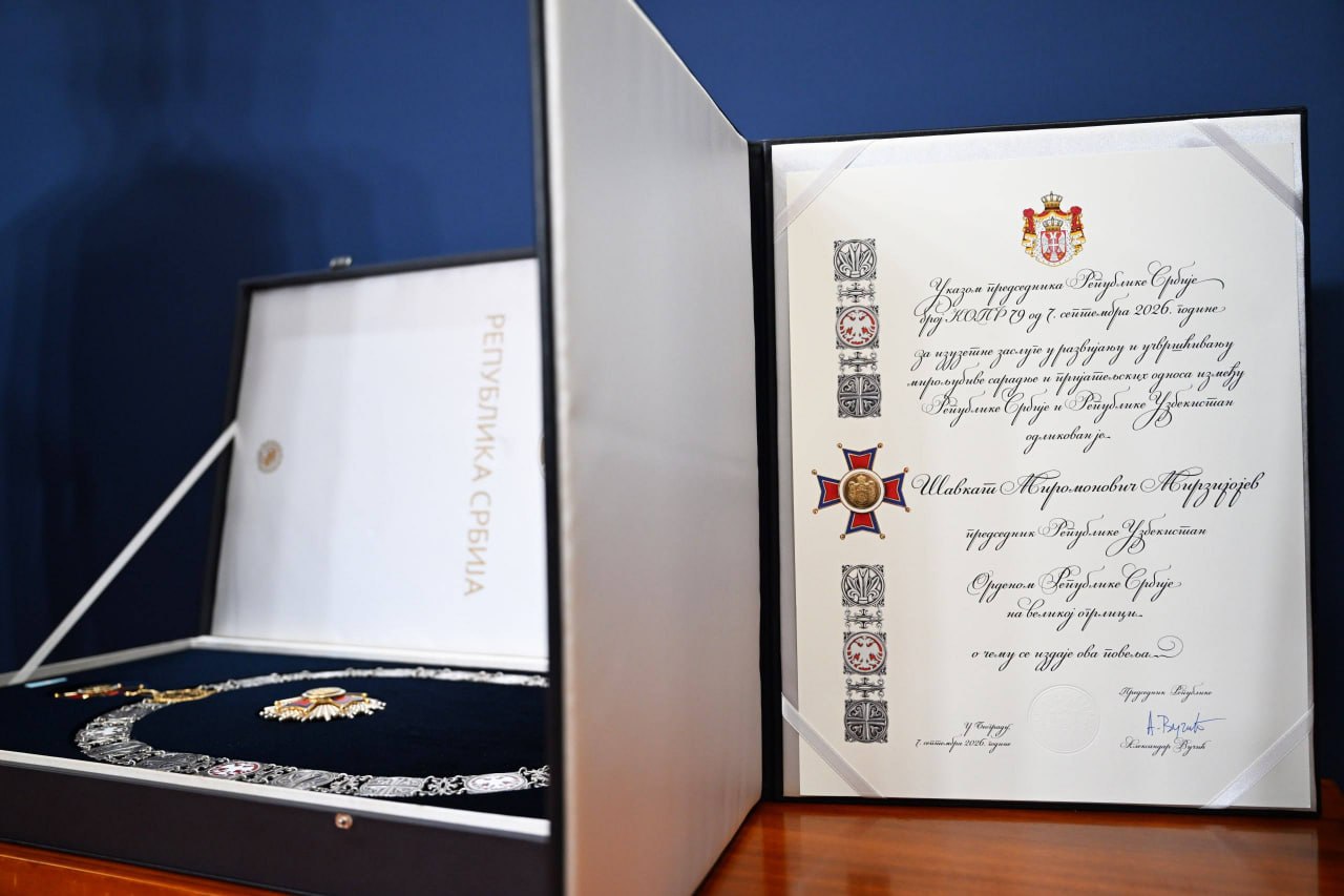 O‘zbekiston Respublikasi Prezidenti Shavkat Mirziyoyev Katta zanjirli Serbiya Respublikasi ordeni bilan taqdirlandi 2
